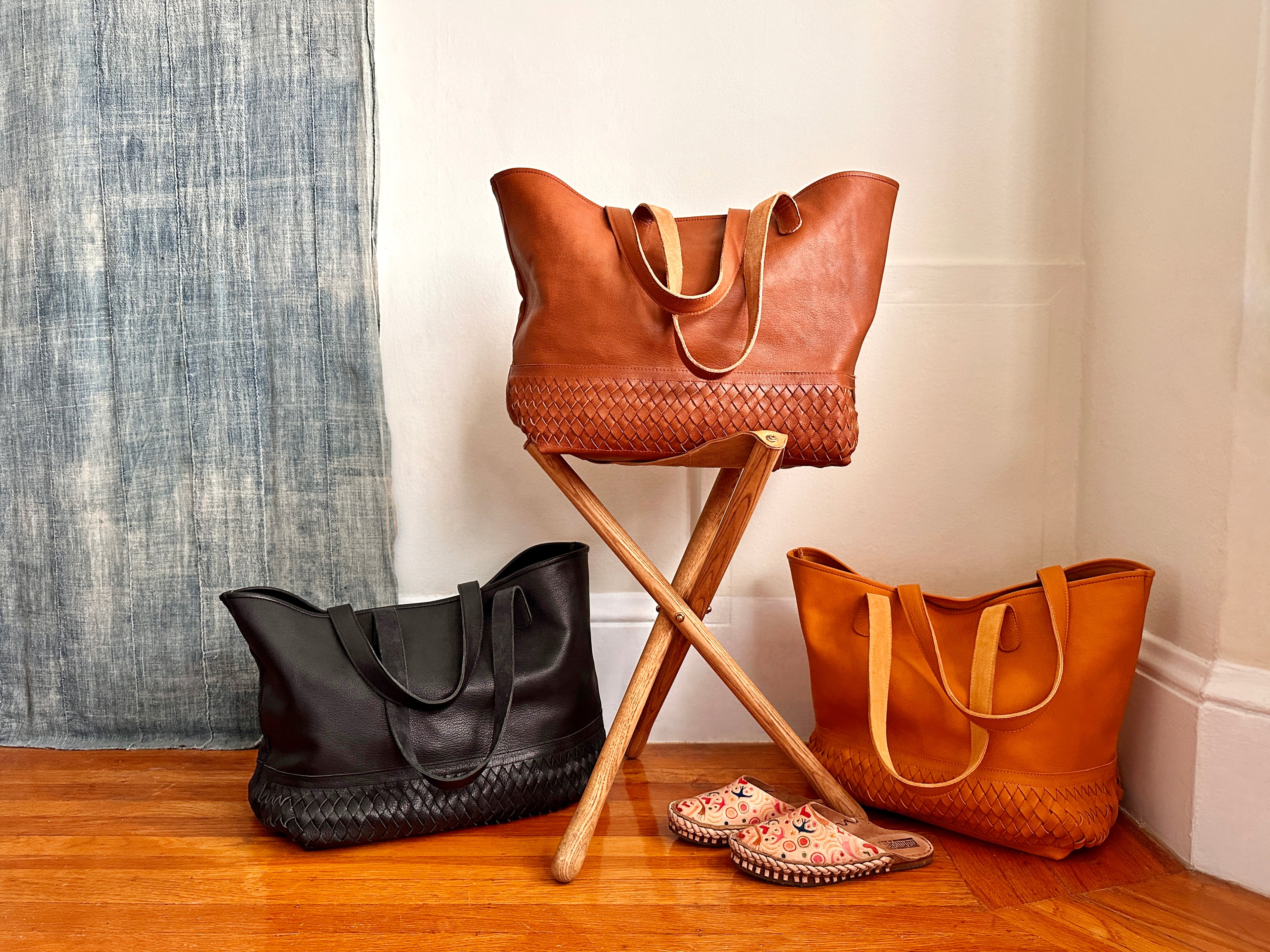 leather shopper bags, leather stool and artist series slides