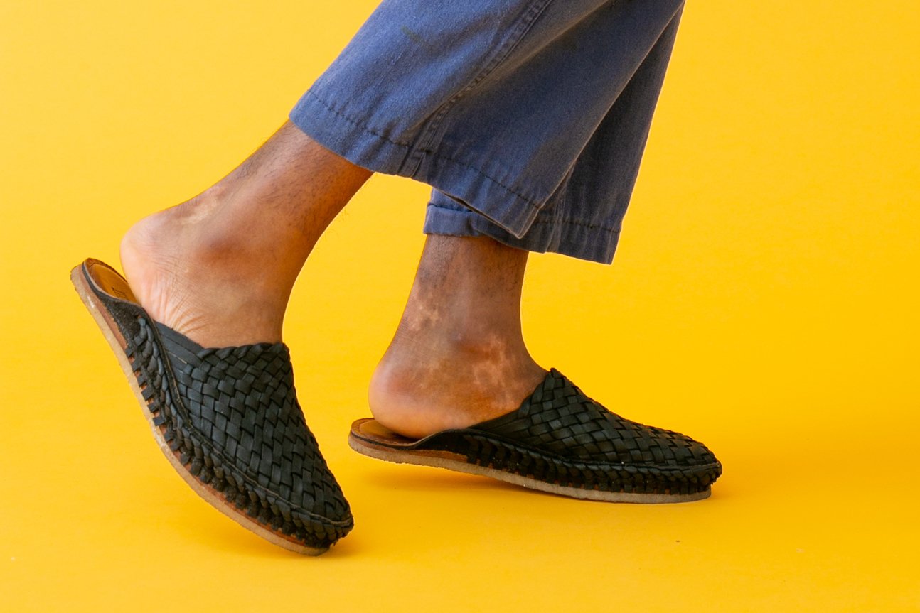 Woven City Slippers for Men, Black Iron-Dyed Leather